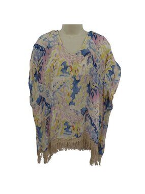 Chicos Women Small Medium S/M Multicolor Watercolor Linen Fringe Trim Blouse Top